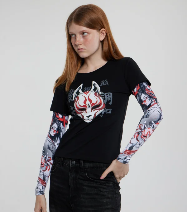 Лонгслив "Маска" рукав девушка самурай