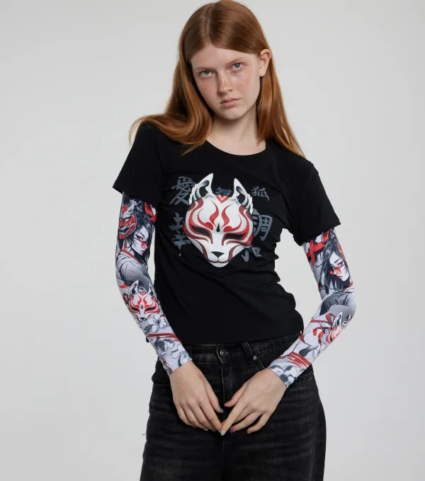 Лонгслив "Маска" рукав девушка самурай